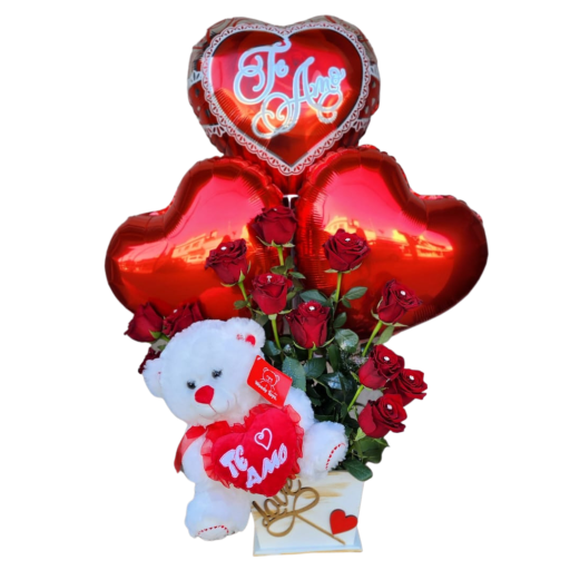 Arreglo rosas importadas globos y peluche encanto de amor